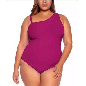 NWT Becca ETC Women's Plus Size Purple Asymmetrical-Neck Swimsuit - 0X - Purple
